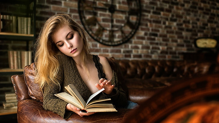 women's brown long-sleeved dress, books, model, Irina Popova