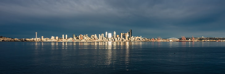 calm body of water, Seattle, cityscape, skyscraper, landscape