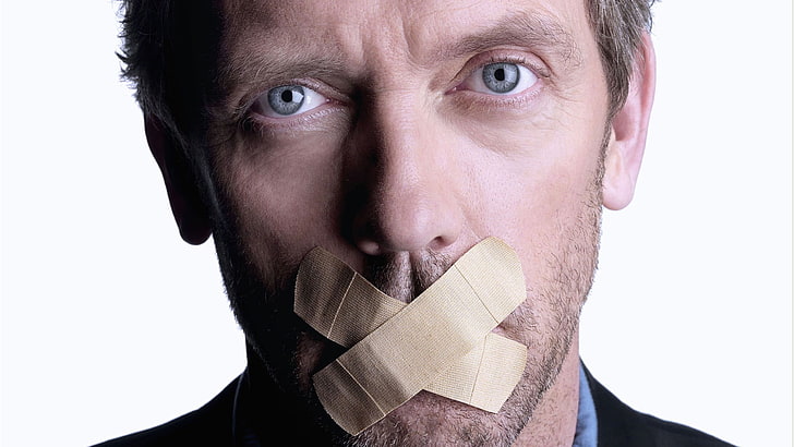 man's face with band aid on mouth, House, M.D., Hugh Laurie, adhesive tape