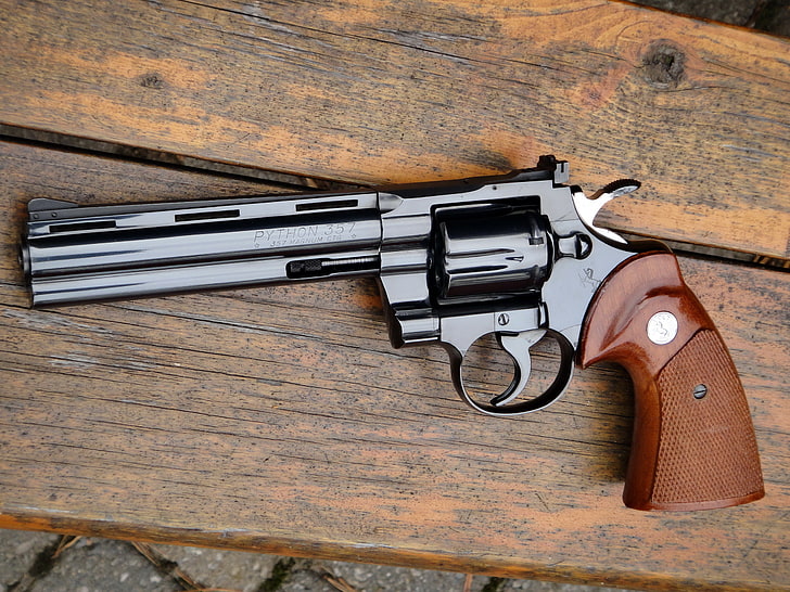 gray revolver with brown wooden handle, Board, Colt Python, gun