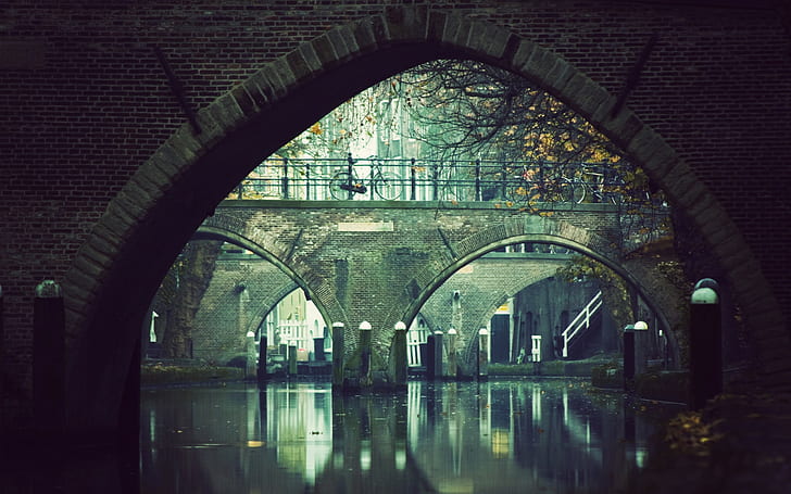 Amsterdam, bridge, water, cityscape, bicycle, bricks, fall