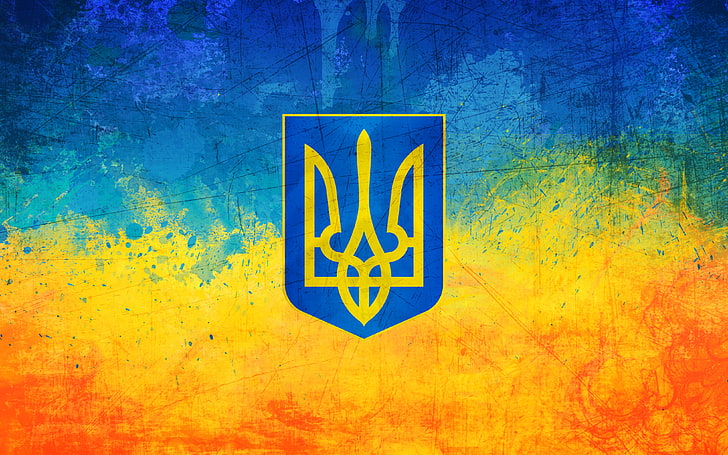 blue and yellow logo, flag, coat of arms, Ukraine, Trident, symbol