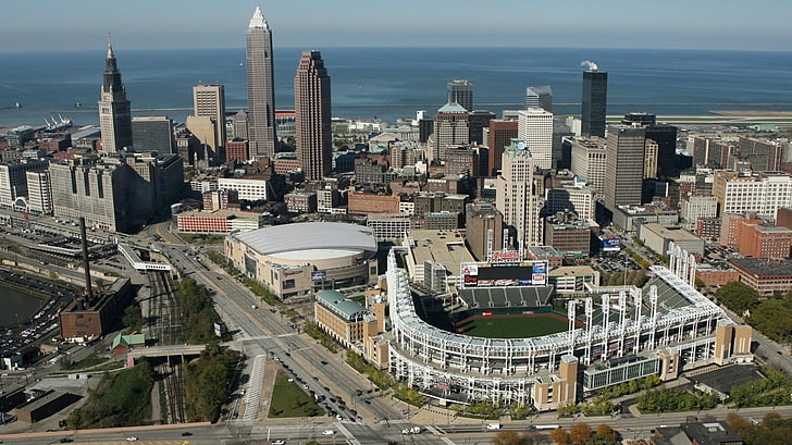 white baseball stadium, cityscape, landscape, Cleveland, building exterior