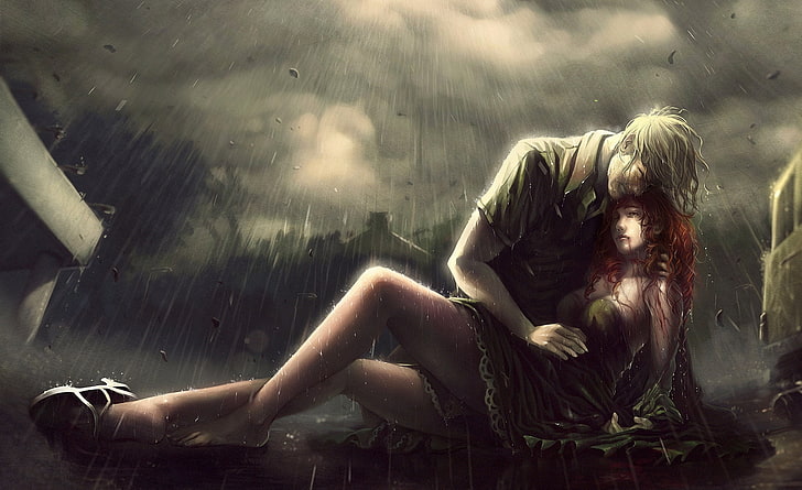 Rain, man mourning over woman's body wallpaper, Artistic, Fantasy