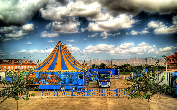 mountains, clouds, HDR, circus, HD wallpaper