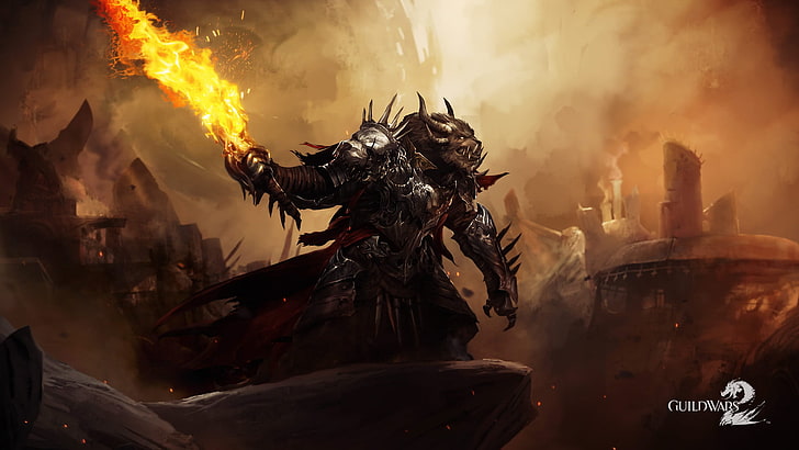 GuildWars 2 wallpaper, fire, monster, sword, guild wars 2, smoke - physical structure
