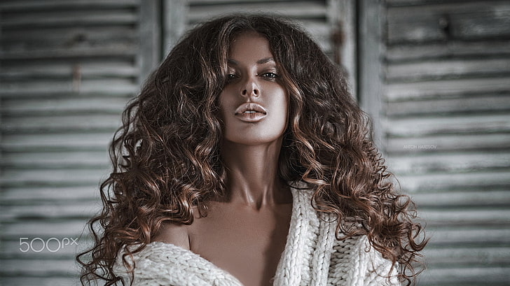 Anton Harisov, women, model, brunette, long hair, 500px, curly hair, HD wallpaper