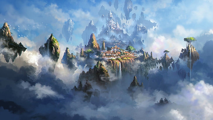 floating village digital wallpaper, fantasy art, clouds, sky