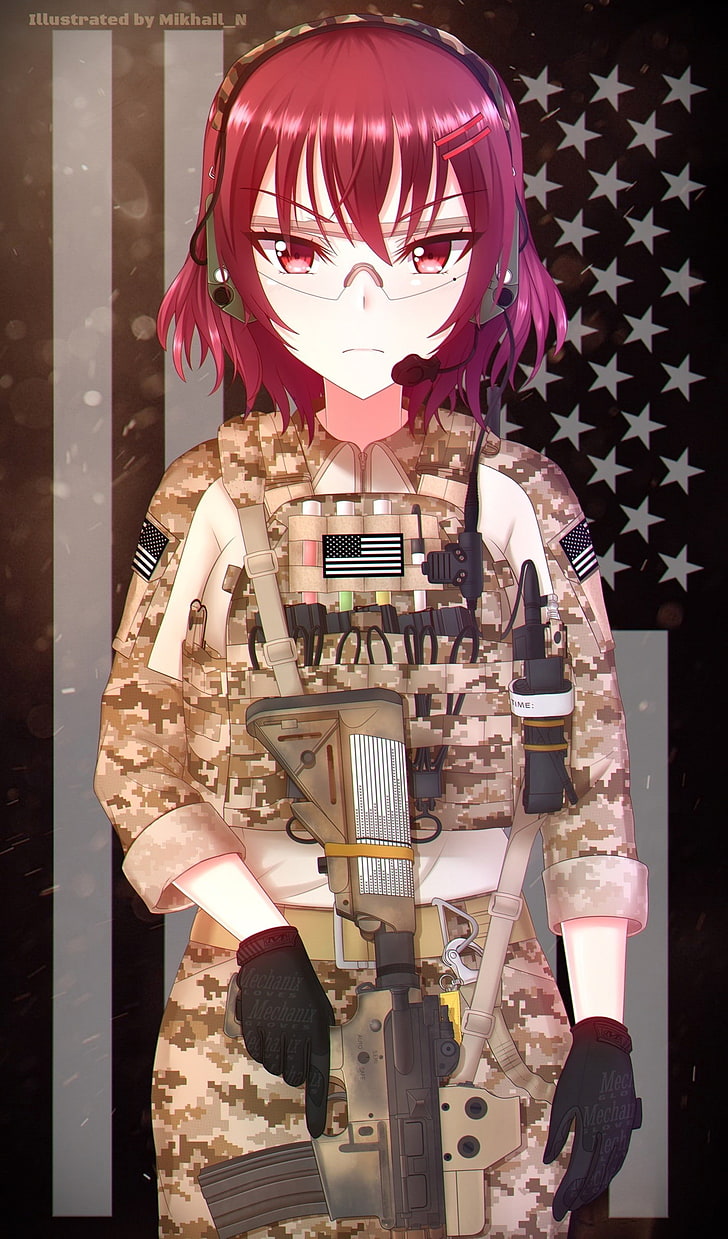 anime, anime girls, short hair, M16-A4, redhead, army girl