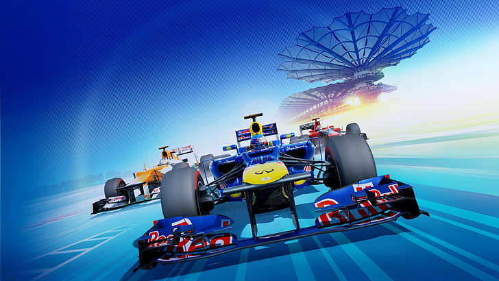 blue and yellow racing cars wallpaper, f1 2012, race cars, red bull