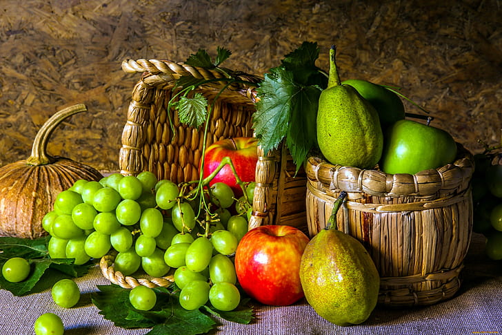 apples, fruit, grapes, food, still life, HD wallpaper