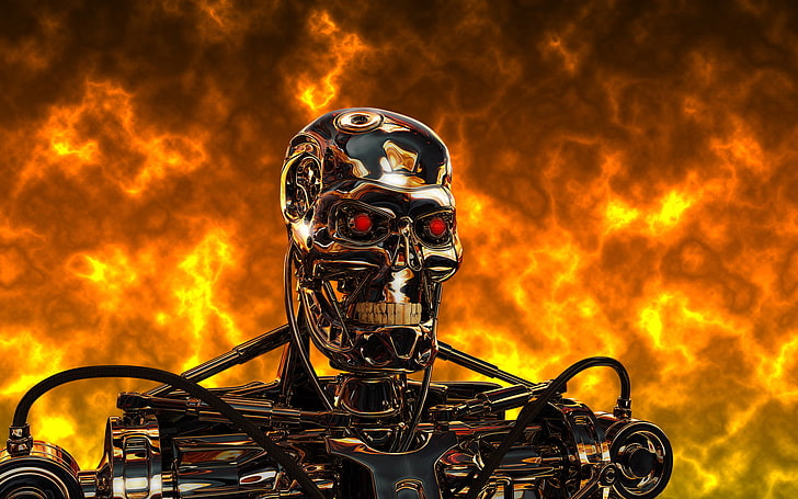 terminator illustration, metal, fire, steel, robot, cyborg, t-800
