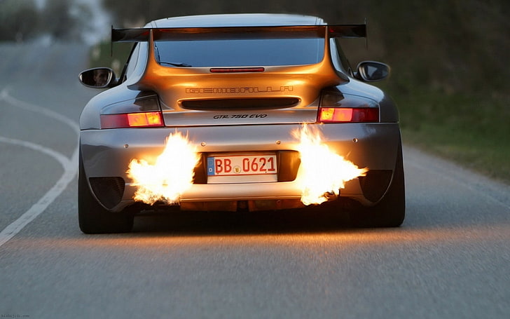 Gemballa Exhaust Flames, silver Porsche Carrera GT, Cars, transportation