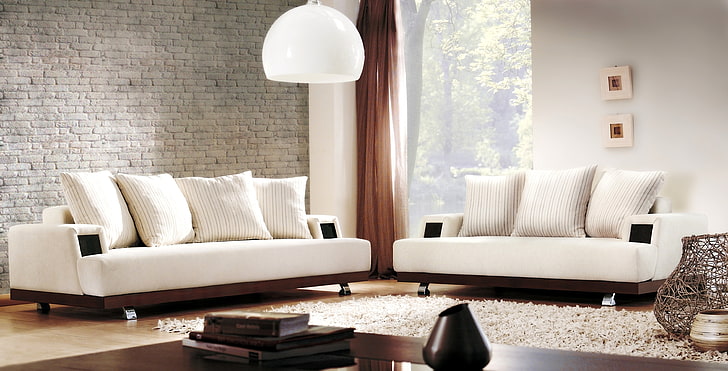 white padded sofa set, design, lamp, carpet, interior, pillow, HD wallpaper
