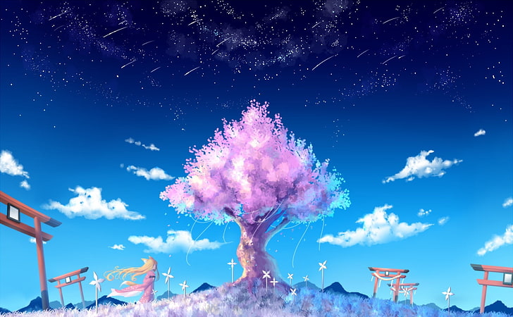 painting of pink cherry blossom tree, stars, trees, sky, nature