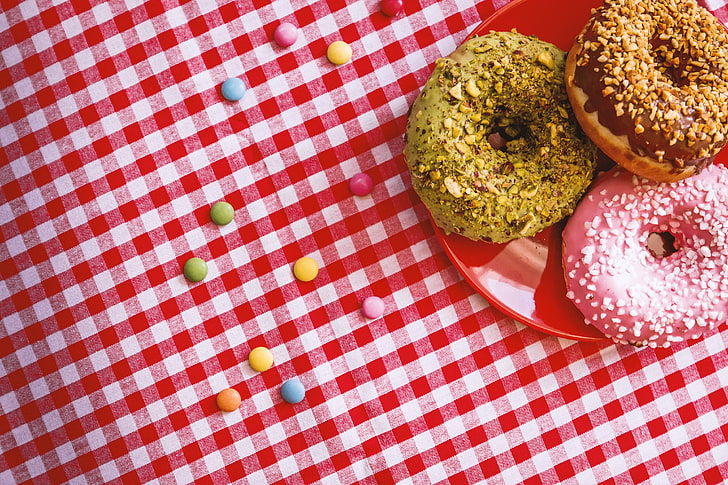 three assorted-flavored doughnuts, donuts, dessert, pastry, sprinkling