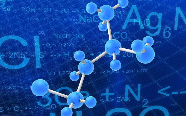 digital art minimalism chemistry atoms 3d blue background text numbers knowledge sentences elements binary code square molecular models