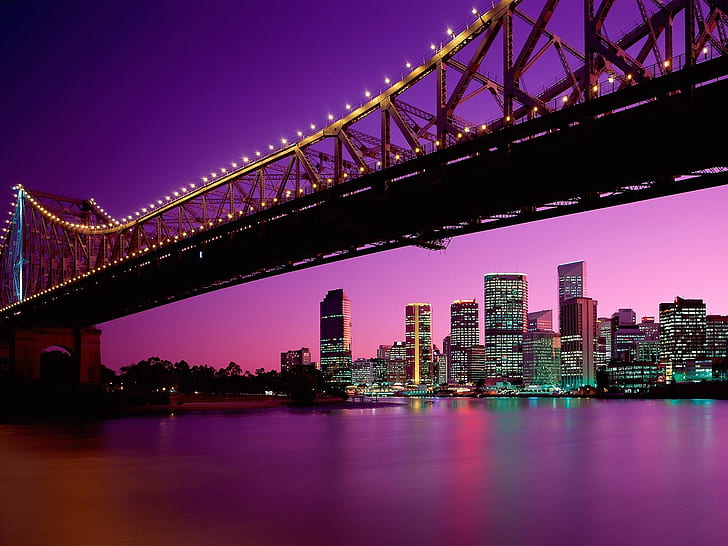 landscape, city, Brisbane, purple sky, cityscape, bridge, city lights