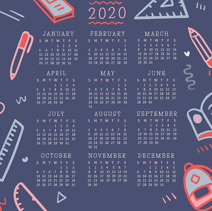 calendar, 2020 (Year), numbers, month, simple background, pen