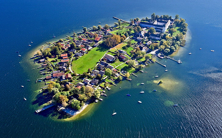 island with houses in the middle of ocean, water, Frauenchiemsee, HD wallpaper