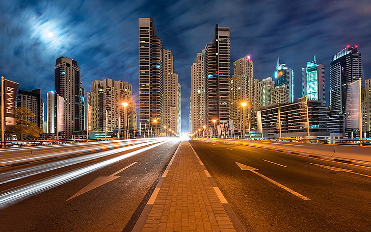 Dubai United Arab Emirates Cityscape With Illuminated Skyscrapers Highway In The Night Hours Ultra Hd Wallpapers For Desktop Mobile Phones And Laptop 3840×2400, HD wallpaper