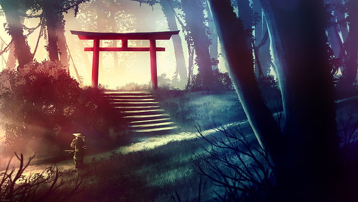 Fantasy, Samurai, Forest, Path, Shrine, Tree, Warrior