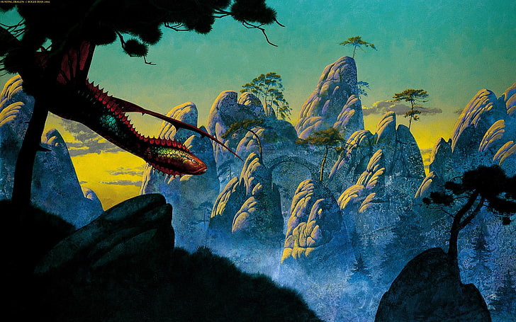 mountain painting, Roger Dean, artwork, rock, water, nature, rock - object