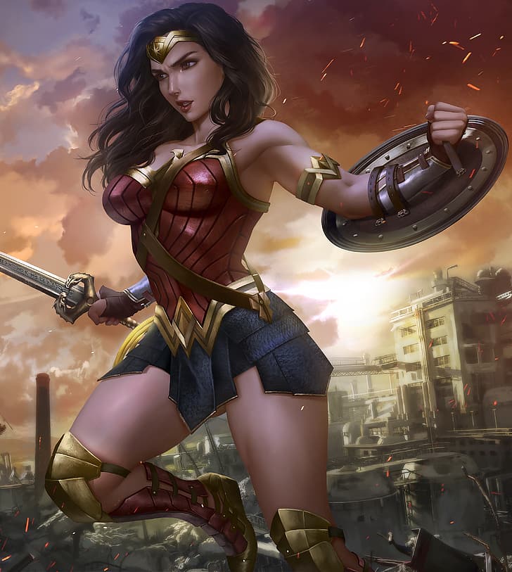 Wonder Woman, DC Comics, superheroines, brunette, long hair, HD wallpaper