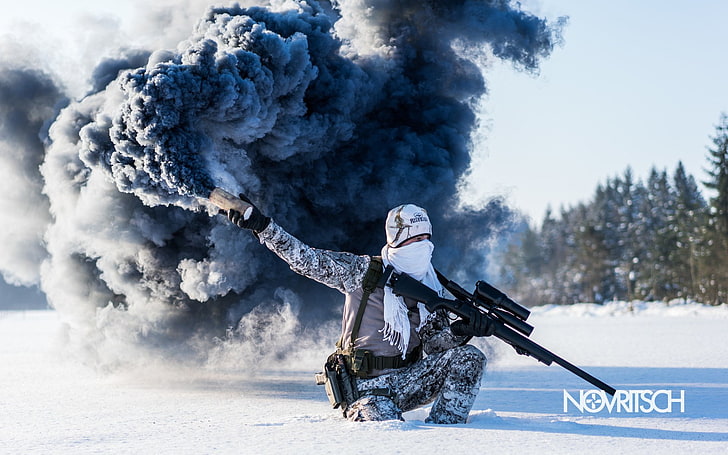Military, Soldier, Airsoft, Smoke Grenade, Sniper Rifle, Snow, HD wallpaper
