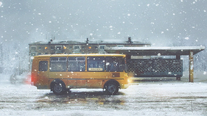 yellow bus, winter, sadness, alone, snow flakes, buses, city, HD wallpaper