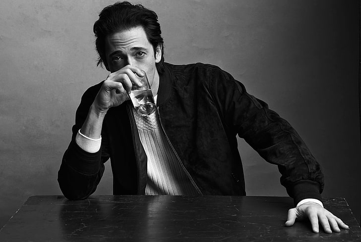 men's zip-up jacket, adrien brody, glass, face, bw, black And White, HD wallpaper