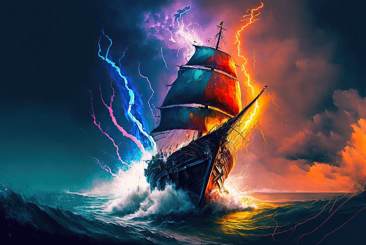 Midjourney, ship, ocean battle, water, lightning, HD wallpaper