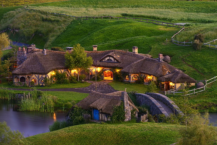 nature landscape trees house field new zealand hobbiton the lord of the rings lights grass bridge river fence fairy tale
