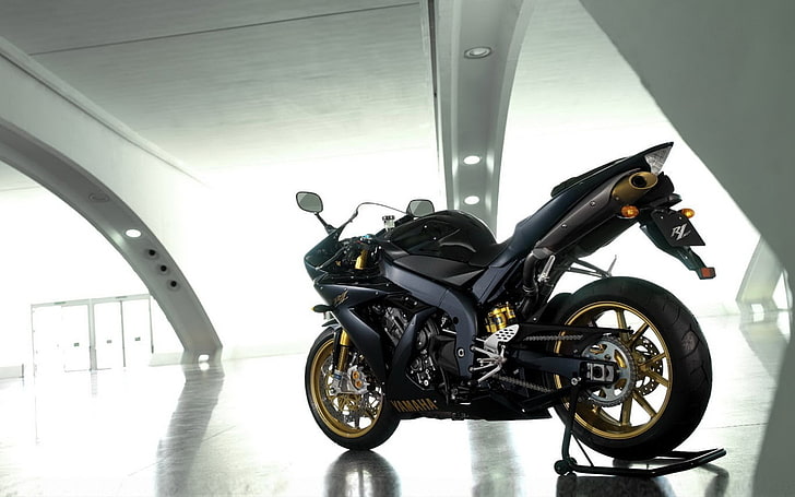 black sports bike, Yamaha YZF, motorcycle, transportation, mode of transportation, HD wallpaper
