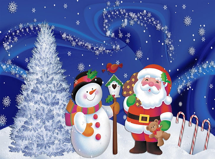 snowman and Santa Claus illustration, christmas, tree, snowflakes, HD wallpaper