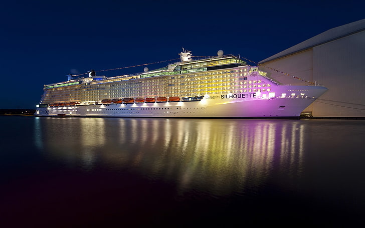 white Silhouette cruiser, sea, lights, ship, night, reflection, HD wallpaper