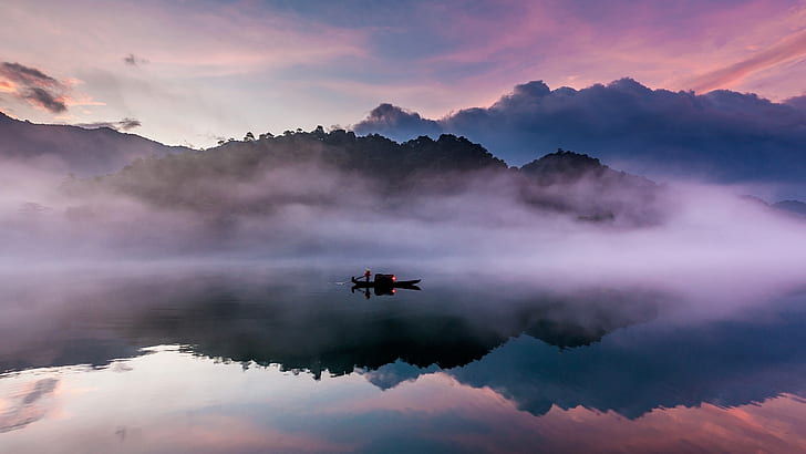 Dongjiang, river, boat, morning, fog, mountains, water reflection, China nature, HD wallpaper