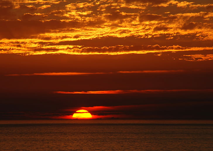 sunset, landscape, skyscape, orange sky, sea, horizon, HD wallpaper