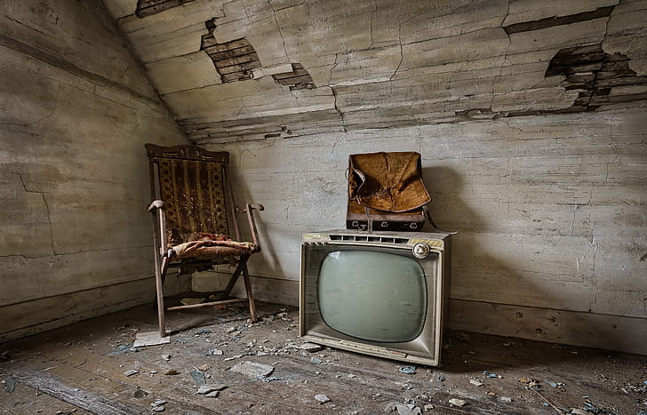 TV, chair, attic