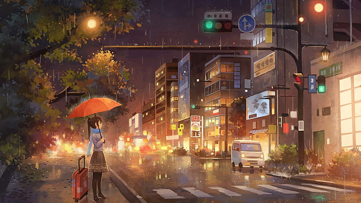 anime, anime girls, umbrella, rain, town
