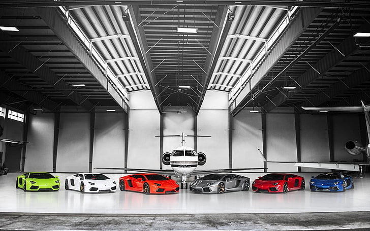 assorted-color Lamborghini cars, selective coloring, Lamborghini Aventador