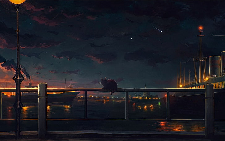 cat sitting on railing painting, night, artwork, sky, harbor