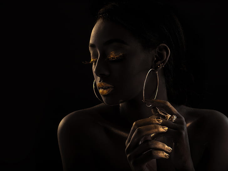 gold, model, portrait, mulatto, black background, makeup, dark girl, HD wallpaper