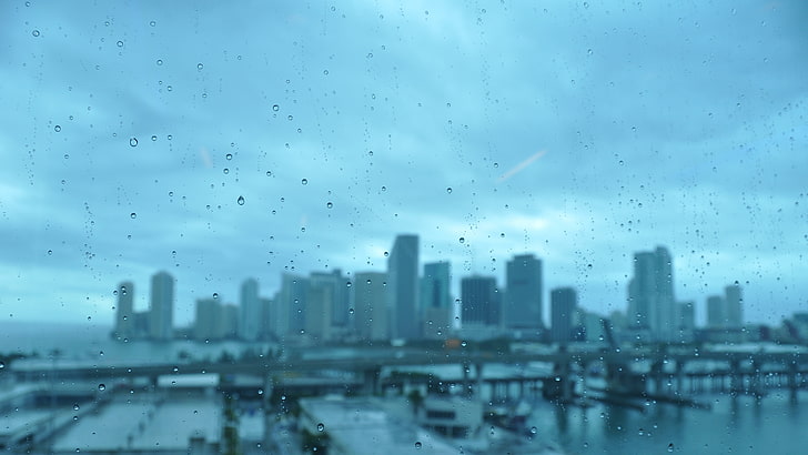 silhouette of buildings, city, rain, water drops, cityscape, building exterior
