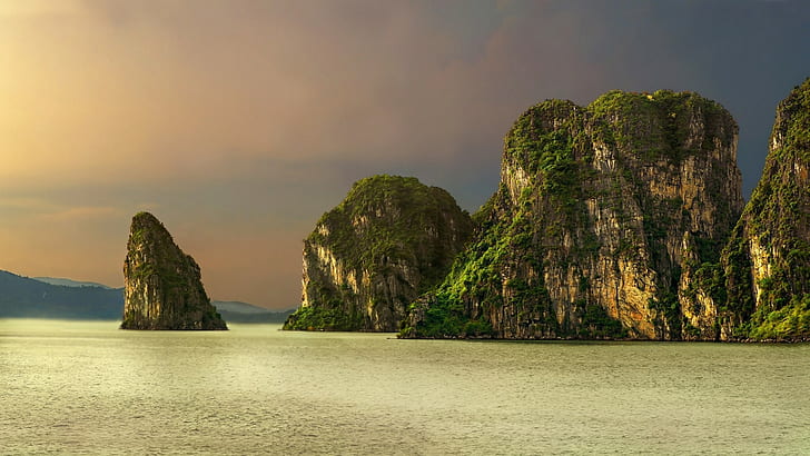 nature, landscape, island, cliff, limestone, rock, sunset, sea, HD wallpaper