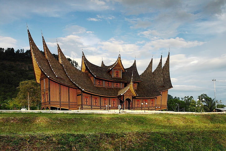 brown wooden museum, Thailand, Laos, landscape, architecture, HD wallpaper