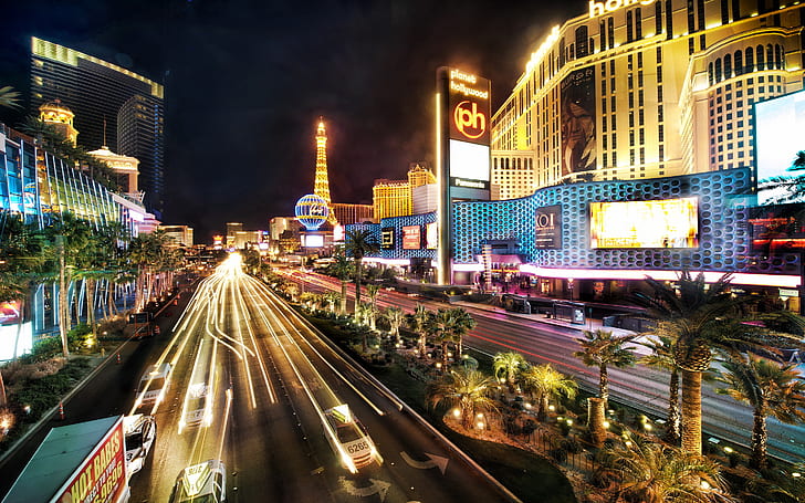 Las Vegas, City, Night, Roads, Lights, Buildings