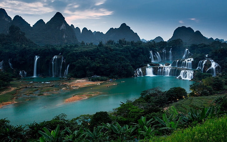 cascade waterfalls, nature, landscape, mountains, river, forest