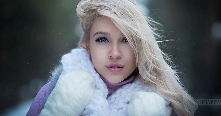 winter, long hair, pink lipstick, cold, scarf, portrait, Dmitry Belyaev