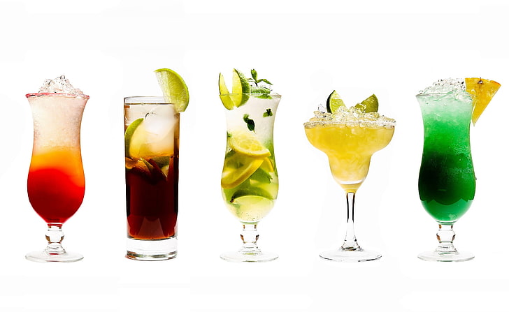 Cocktails, five clear cocktail glasses, Food and Drink, alcohol, HD wallpaper
